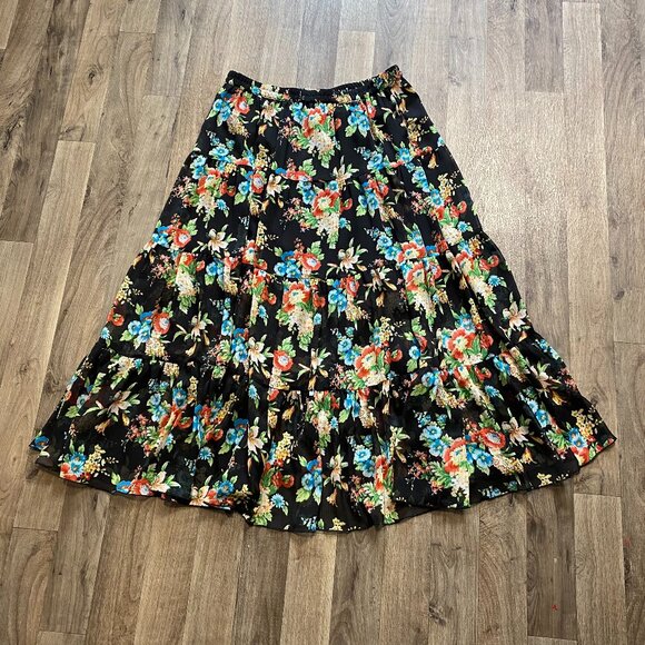 Linea by Louis Dell'Olia Crinkle Tiered Black Floral Midi Skirt Size Medium - Picture 1 of 8